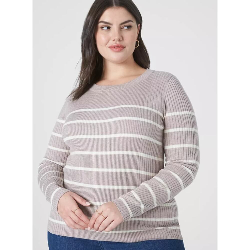 Lane Bryant Brown Striped Fitted Crew-Neck Sweater Plus size 14/16